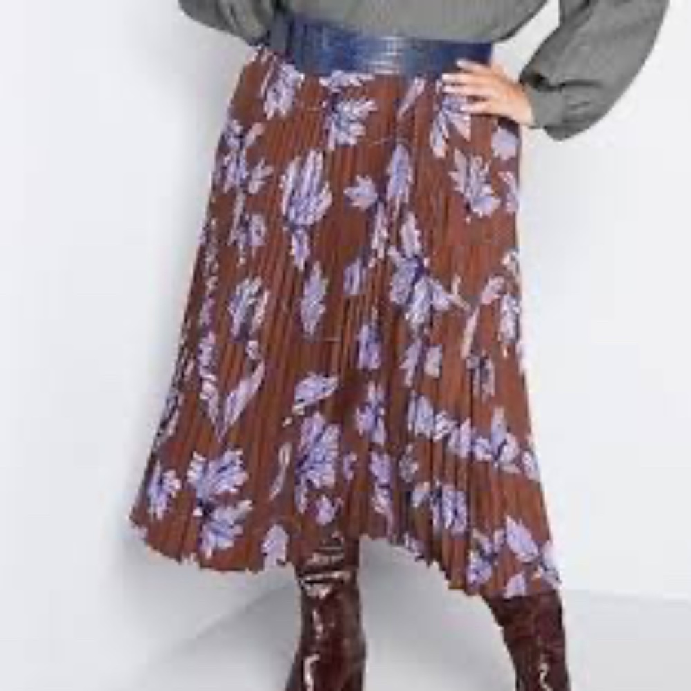 Brown, Purple, Grey Floral Pleated Midi Skirt
